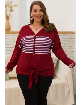 Dark-red Stripe Button Up Knotted Casual Plus Size T Shirt