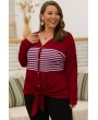 Dark-red Stripe Button Up Knotted Casual Plus Size T Shirt