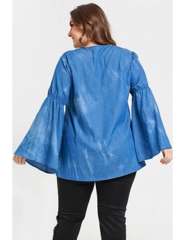 Blue V Neck Flare Sleeve Casual Denim Plus Size Blouse