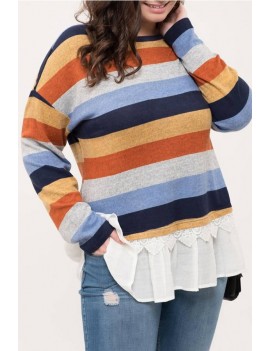 Light-blue Stripe Splicing Long Sleeve Casual Plus Size T Shirt