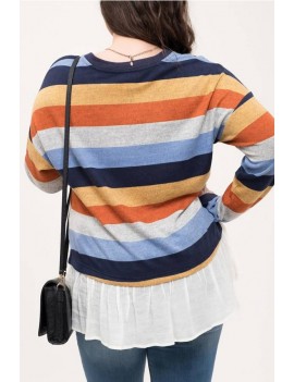 Light-blue Stripe Splicing Long Sleeve Casual Plus Size T Shirt