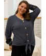 Dark-gray Lace Splicing Button Up Knotted Casual Plus Size T Shirt