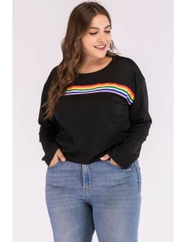 Black Rainbow Stripe Long Sleeve Casual Plus Size T Shirt