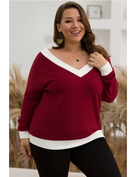 Dark-red Two Tone V Neck Long Sleeve Casual Plus Size T Shirt