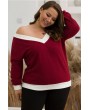 Dark-red Two Tone V Neck Long Sleeve Casual Plus Size T Shirt