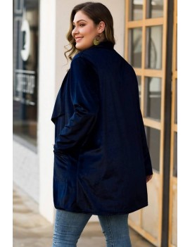 Dark-blue Pocket Long Sleeve Casual Plus Size Cardigan Coat