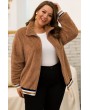 Brown Faux Fur Zipper Up Pocket Casual Plus Size Sweatshirt
