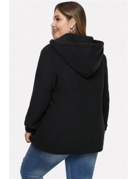 Black Zipper Up Drawstring Pocket Casual Plus Size Hoodie