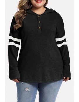 Black Stripe Contrast Button Up Casual Plus Size Hoodie