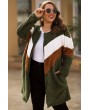 Army-green Faux Fur Color Block Casual Plus Size Cardigan Coat