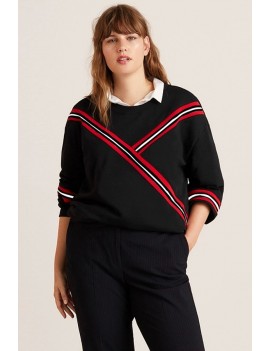 Black Stripe Contrast Round Neck Long Sleeve Casual Plus Size Sweatshirt