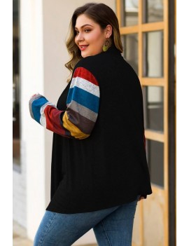 Black Stripe Long Sleeve Casual Plus Size Cardigan Coat