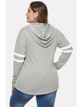 Light-gray Stripe Contrast Button Up Casual Plus Size Hoodie