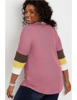 Pink Color Block V Neck Casual Plus Size Sweater