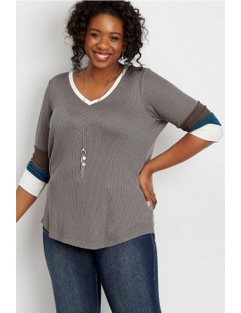 Gray Color Block V Neck Casual Plus Size Sweater