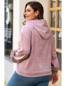 Pink Corduroy Pocket Long Sleeve Casual Plus Size Hoodie