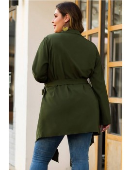 Army-green Tied Long Sleeve Casual Plus Size Cardigan Coat