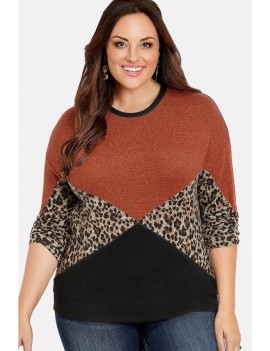 Brown Leopard Splicing Round Neck Casual Plus Size Sweatshirt