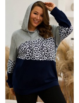 Gray Leopard Splicing Long Sleeve Casual Plus Size Hoodie