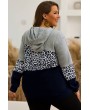 Gray Leopard Splicing Long Sleeve Casual Plus Size Hoodie