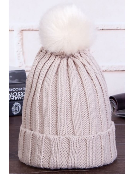 Faux Fur Pom Pom Fold Over Cable Knit Beanie Hat