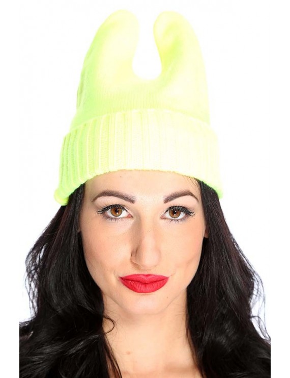 Neon Yellow Fold Over Top Ear Cute Beanie Hat