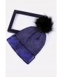 Pom Pom Knitted Metallic Fold Over Faxu Fur Beanie Hat