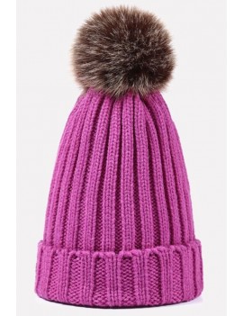 Faux Fur Cable Knit Fold Over Pom Pom Beanie Hat