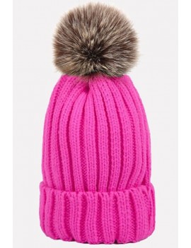 Faux Fur Cable Knit Fold Over Pom Pom Beanie Hat