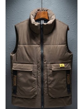 Men Patched Zipper Up Stand Collar Casual Padded Vest