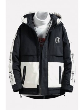 Men Embroidery Letters Print Hooded Long Sleeve Casual Padded Coat