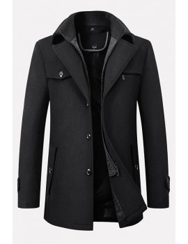Men Black Pocket Long Sleeve Casual Duffle Coat