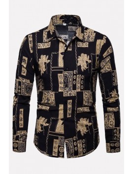 Men Black Printed Button Up Long Sleeve Casual Shirts