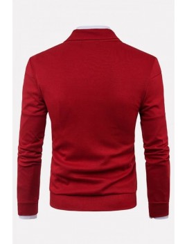Men Red V Neck Button Up Long Sleeve Basic Cardigan