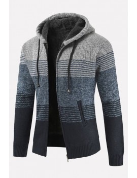 Men Light-gray Color Block Zipper Up Hooded Long Sleeve Casual Sweater Coat