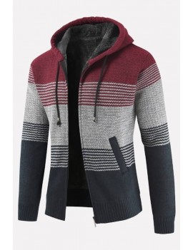 Men Color Block Zipper Up Hooded Long Sleeve Casual Sweater Coat
