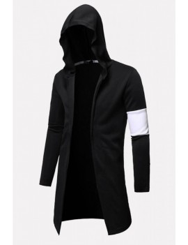Men Contrast Panel Open Front Hooded Long Sleeve Casual Coat