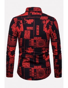 Men Red Printed Button Up Long Sleeve Casual Shirts