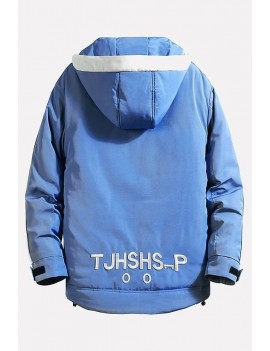 Men Blue Embroidery Letters Print Hooded Long Sleeve Casual Padded Coat
