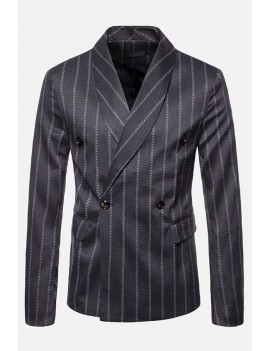 Men Dark-gray Stripe Double Breasted Shawl Collar Long Sleeve Casual Blazer