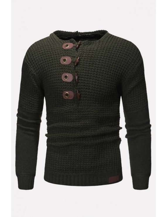 Men Army-green Horn Buckle Hooded Long Sleeve Casual Pullover