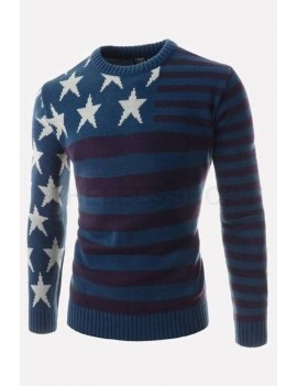Men Star Stripe Pattern Round Neck Long Sleeve Casual Pullover