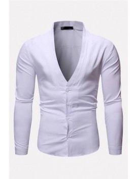 Men V Neck Button Up Long Sleeve Casual Shirts