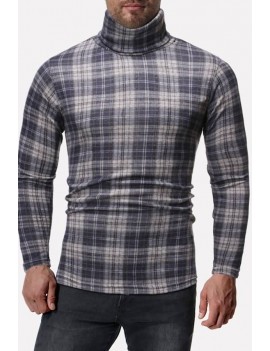 Men Gray Plaid Turtle Neck Long Sleeve Casual Pullover
