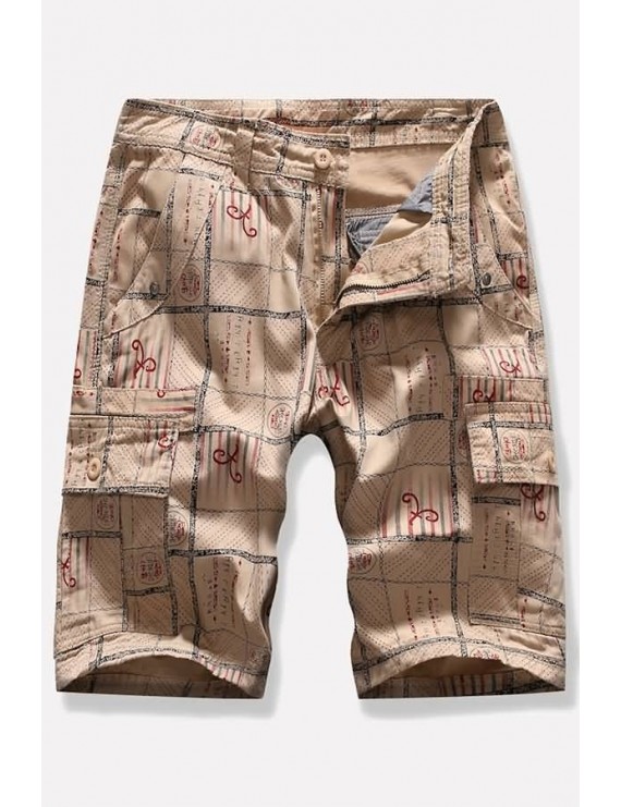 Men Khaki Plaid Multi-pocket Casual Cargo Shorts