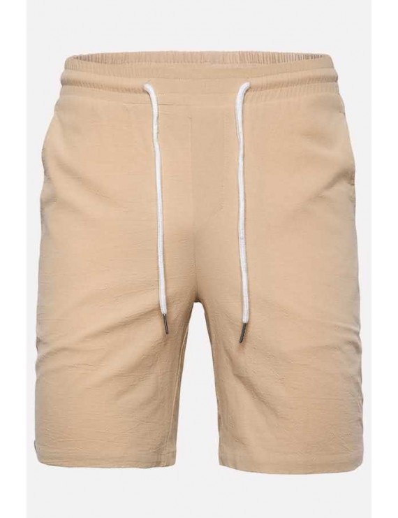 Men Khaki Drawstring Waist Slant Pocket Casual Shorts