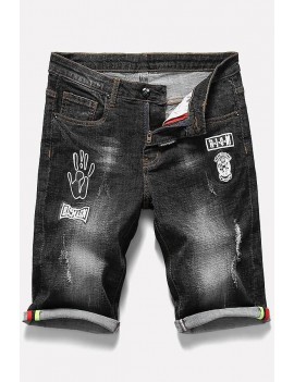 Men Black Printed Ripped Casual Denim Shorts