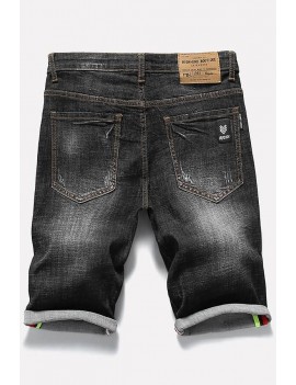 Men Black Printed Ripped Casual Denim Shorts
