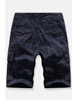 Men Dark-blue Plaid Multi-pocket Casual Cargo Shorts
