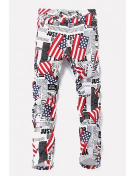 Men Red-white American Flag Print Pocket Casual Pants